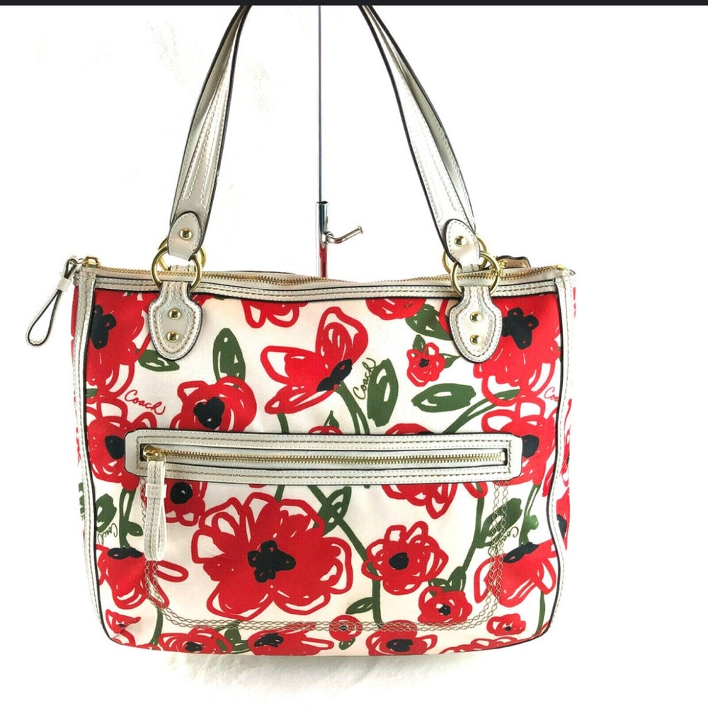 COACH POPPY HALLIE GLAM LARGE TOTE BAG 22442 WHITE SATEEN FLORAL PRINT IVORY